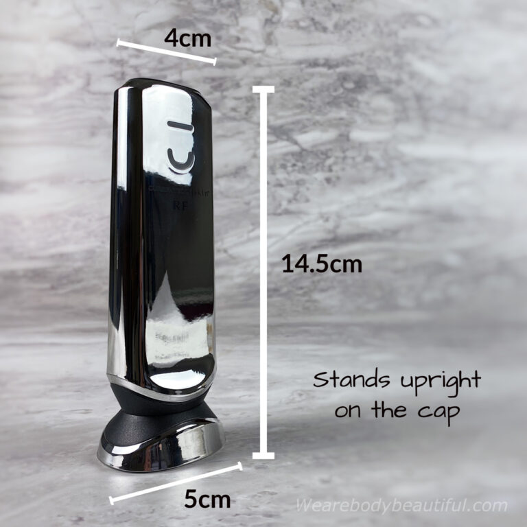 The CurrentBody RF device is 14.5cm tall, 4cm wide at the top, and 5cm wide at the base of the cap. It stands upright balanced on the cap.