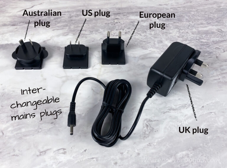 You get four interchangeable mains plugs with the CurrentBody Skin RF for the UK, Europe, USA & Australia