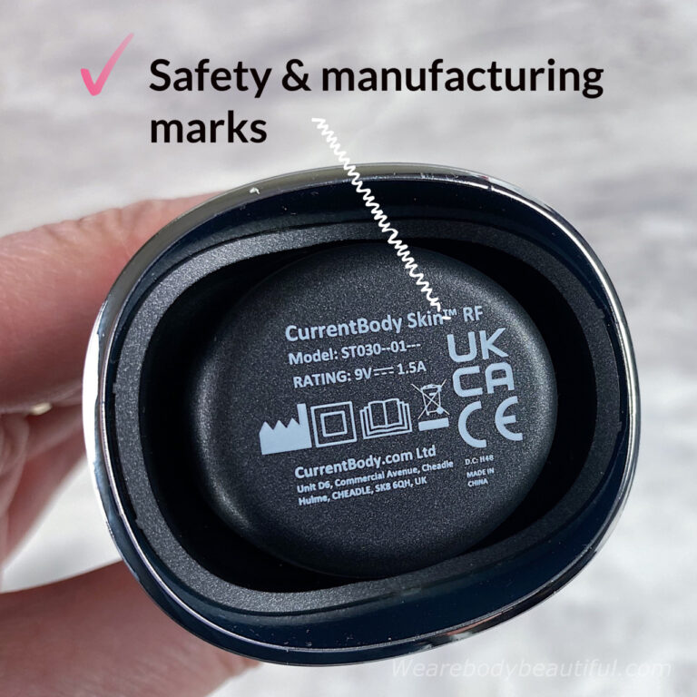 The important and reassuring safety & manufacturing marks are on the base of the CurrentBody Skin RF cap.