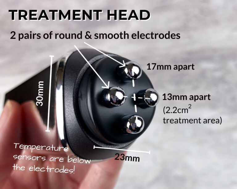 The treatment head on the CurrentBody Skin RF is 2.2㎠ with 2 pairs of large rounded and smooth electrodes. One pair of electrodes is 13mm apart the other is 17mm apart. There are 2 temperature sensors below the electrodes.