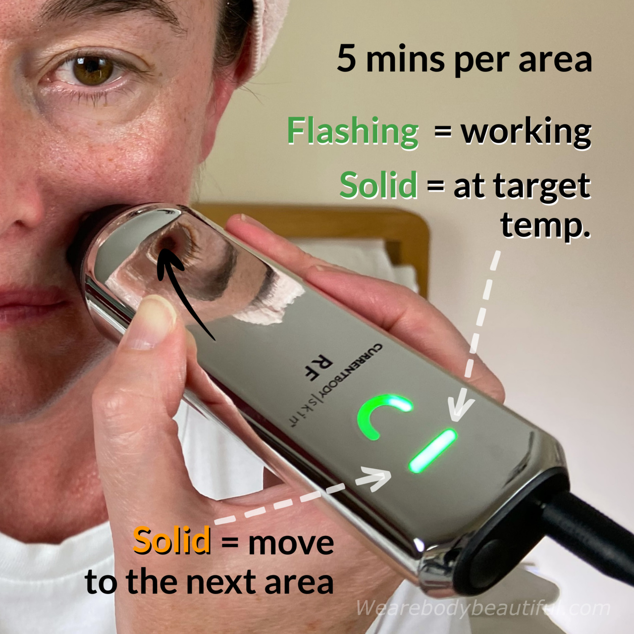 When the flashing green light goes solid, your skin is at the target temperature. When it turns solid orange, 5 mins is up and it's time to move to the next treatment area.