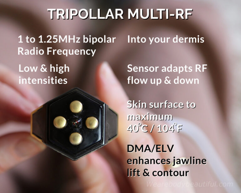 Tripollar Multi-RF in the STOP VX, VX Gold & VX Gold 2, sends interchanging 1 to 1.25MHz bipolar Radio Frequency into your skin’s dermis. You can choose from Low & high RF intensities. The skin temperature sensor adapts the RF flow up & down to heat your tissues evenly so the surface hits a maximum temperature of 40℃ / 104°F. The DMA/ELV are pulses of tiny Electro Muscle Stimulation which works on your SMAS muscle layer to lift & contour along your jawline.