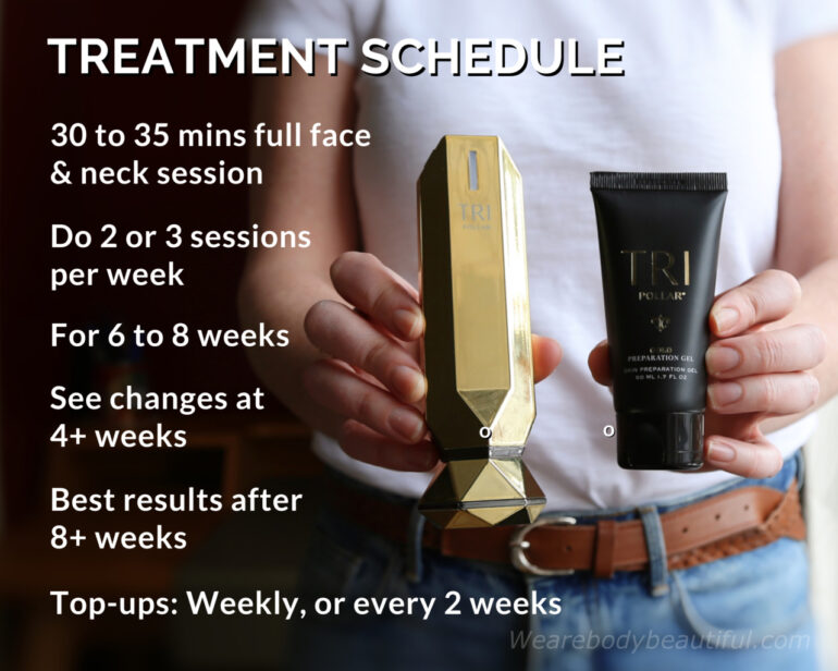 The Tripollar STOP VX treatment schedule: It takes 30 to 35 mins for a full face & neck session. Do 2 or 3 sessions per week, or one every other day for 6 to 8 weeks. Most people see changes at 4+ weeks with best results after 8+ weeks. After 6/8 weeks swap to top-ups either 1 weekly or every 2 weeks to maintain your results.