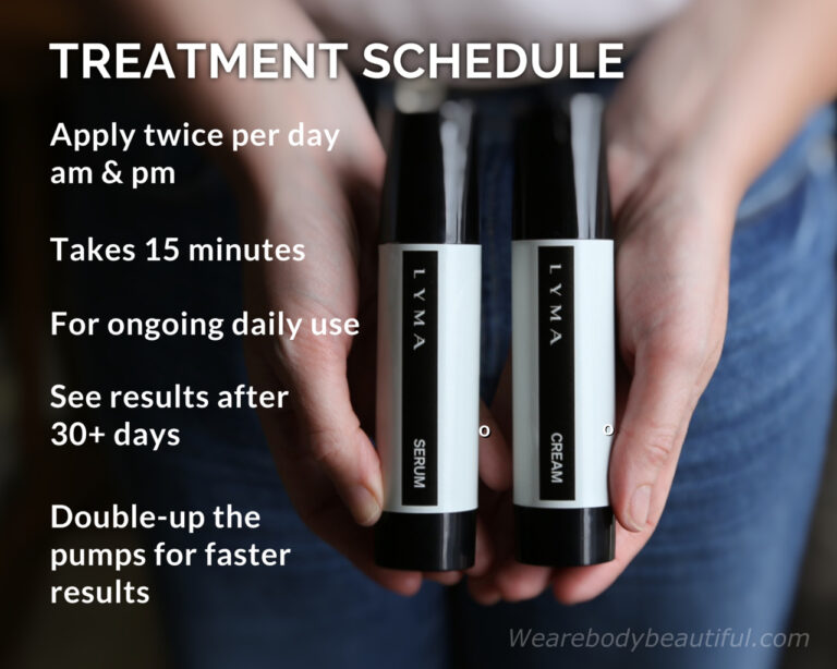 this is the LYMA Skin treatment schedule; Apply the combo twice per day am & pm. It akes 15 minutes (including washing your face). You can’t rush it! It's for ongoing daily use. See results after 30+ days. You can double-up the pumps for faster results.
