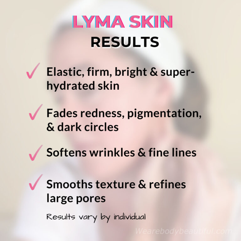 The LYMA Skin results are elastic, firm, bright & super-hydrated skin. It also fades redness, pigmentation, & dark circles. It smooths skin and shrinks pores, and softens wrinkles. & fine lines. Results vary by individual.