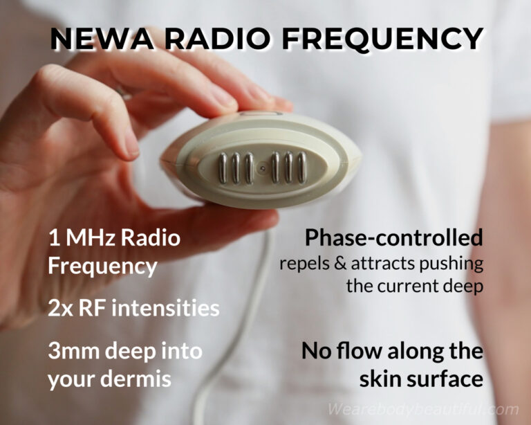 The 1 MHz Radio Frequency current is phase-controlled. This means it repels and attracts the flow from 3 pairs of electrodes. This sends the RF to a controlled depth of 3 mm into your dermis. There’s no flow along your skin surface, so there’s no pain because the epidermal layer won’t overheat.