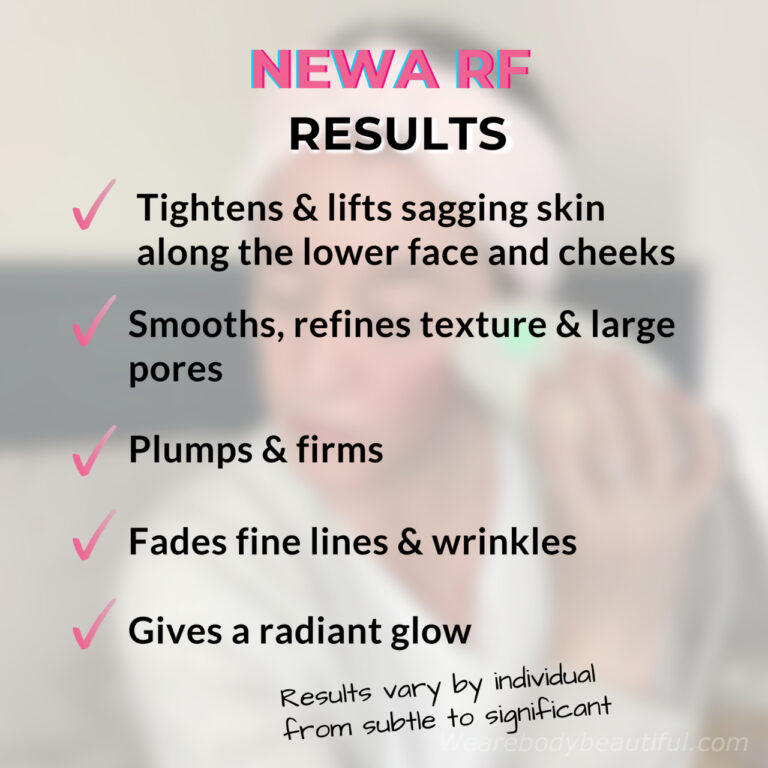Results with the NEWA RF are: ✔️tightens & lifts sagging skin along the lower face and cheeks, ✔️smooths, refines texture & large pores, ✔️plumps & firms, ✔️fades fine lines & wrinkles, ✔️gives a radiant glow.