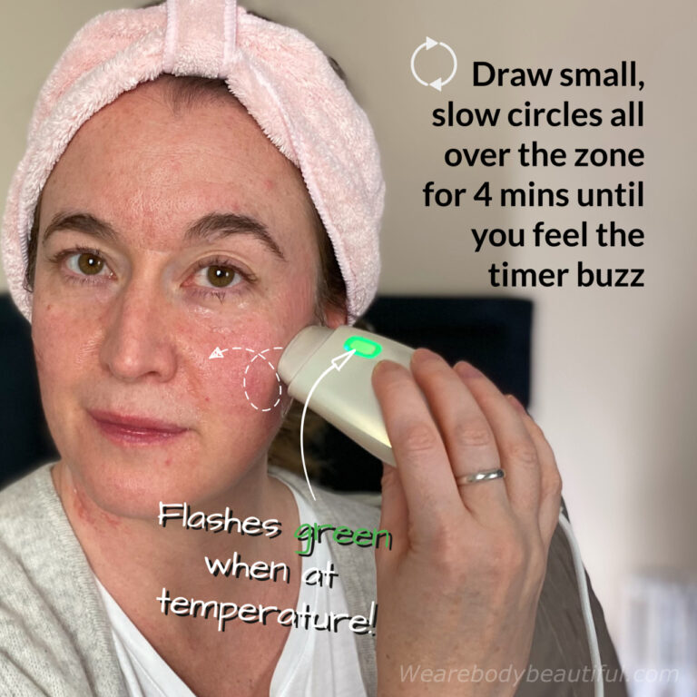 The technique to use the NEWA RF: Place the treatment head on your skin and, with medium pressure, draw slow circles to cover the area. The indicator flashes green to show your skin has reached the target temperature. After 4 mins, the device buzzes, telling you to move to the next zone and repeat…