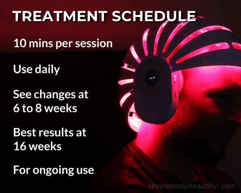 The CurrentBody Skin LED hair regrowth treatment schedule; use the device for 10 minutes daily. See changes in your hair and scalp at around 6 to 8 weeks, with your best results at 16 weeks. It’s for ongoing use.