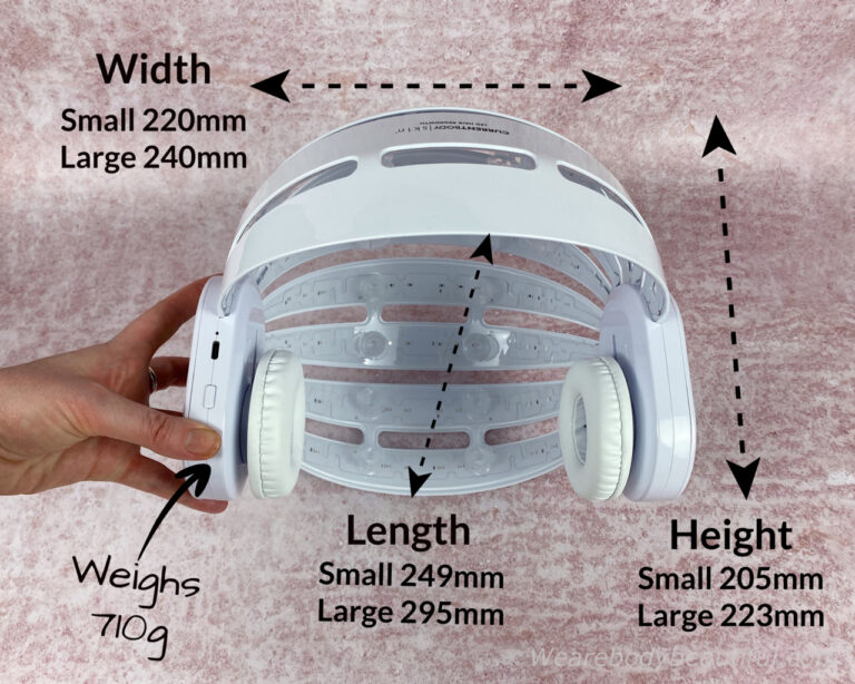 The CurrentBody Skin LED hair regrowth helmet comes in two sizes. Small is H 205mm x W 220mm x L 249mm and fits a head circumference of 54cm - 58.7cm, and Large is H 223mm x W 240mm x L295mm and fits a head circumference of 59.7cm - 63.5cm. It’s lightweight at around 710 grams (for small size).