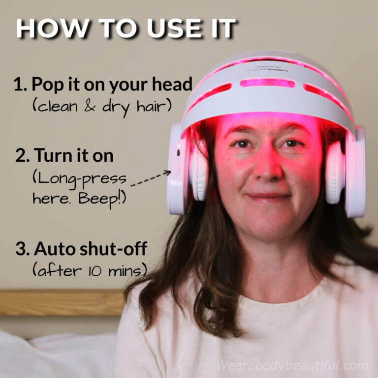 The CurrentBody Skin LED hair regrowth helmet is very easy to use. Wear it on clean and dry hair. Pop it on and long-press the power button on the right hand side earphone. It beeps as the lights turn on. A timer automatically turns off the LEDs after 10 minutes.