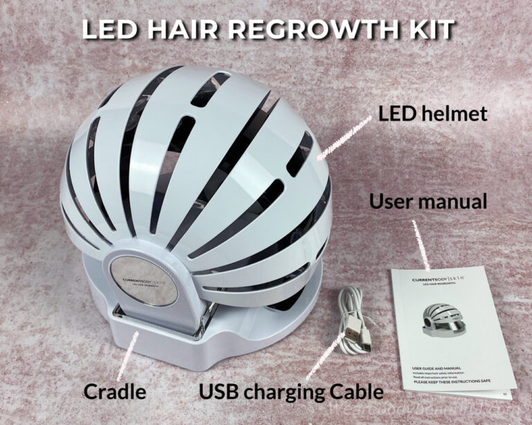 In the CurrentBody Skin LED hair regrowth kit you get the LED helmet, the non-charging cradle, USB charging cable and the small user manual.
