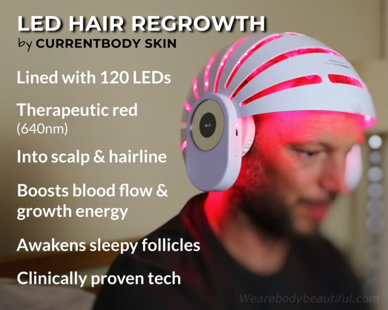 CurrentBody Skin LED hair regrowth helmet is lined with 120 strong LEDs that shine therapeutic 640nm red light onto your scalp and hairline. The red light works with a process called photobiomodulation which boosts blood flow and cellular energy in your scalp tissues. This awakens sleepy hair follicles so they grow healthier hair for longer. Red light therapy, also called Low Level Light Therapy is a clinically proven technology.