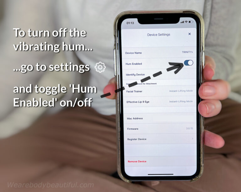 To turn off the vibrating hum on your Trinity+ device, go to settings in your app ⚙️, then toggle on/off the option called ‘ Hum enabled’.
