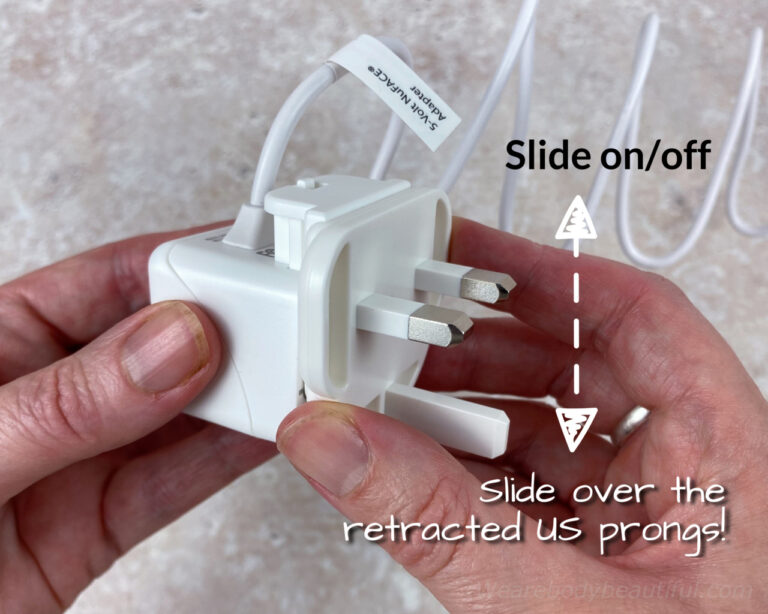 To change to a UK or US plug attachment, slide the plug attachment over the retracted US prongs. Slide it off again to use the US plug.