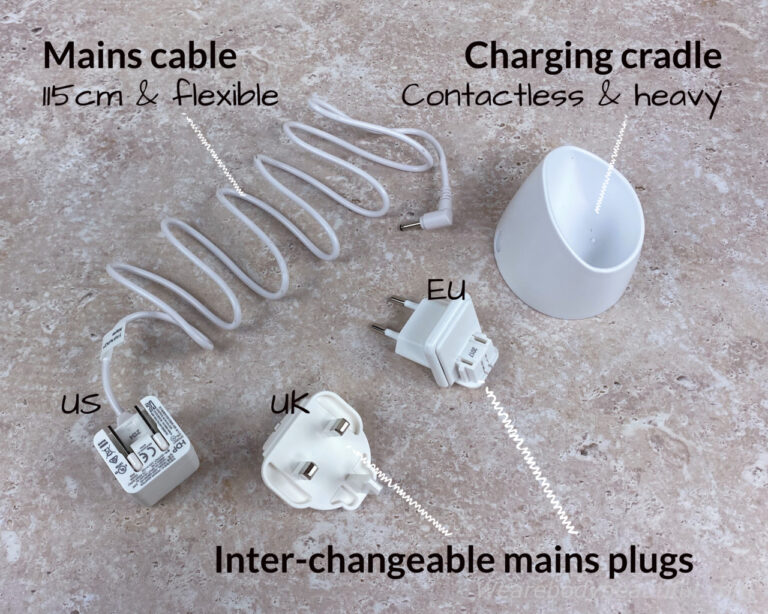 You get a heavy charging cradle, 115cm long flexible mains cable, and US, UK and EU interchangeable plugs to charge your Trinity+.
