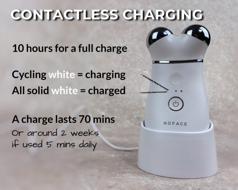 It takes 10 hours for a full Trinity+ charge. As it charges, the indicators light up white in sequence. All 3 lights are solid white when fully charged. You get 2 weeks of use if you do 5 minutes daily, or around 70 minutes of use in total. NuFACE recommends you charge your Trinity+ when you are down to ‘Low battery’ shown by one white light.