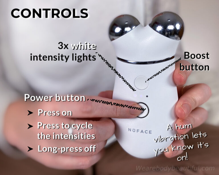 Press the bottom power button to turn on the Trinity+. You’ll hear 3 ascending beeps and feel a gentle humming vibration. This lets you know the device is on. Press the power button again to cycle through the 3x intensities. The 3 small white indicator lights above the power button show your intensity level. Press the button above to turn on a temporary microcurrent boost (with a more intense vibrating hum). To turn off the device, long-press the power button. You hear a series of 3 descending beep as the lights turn off and the vibrating stops.