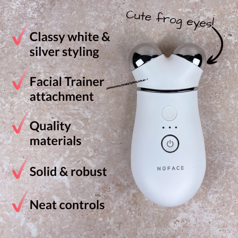 The Trinity+ device is simple white plastic with a silver trim. It’s made of quality materials and is solid and robust, with neat controls on the front. It comes with the Facial Trainer attachment with two large silver shiny electrode balls. They look like cute frog eyes on top of its head.