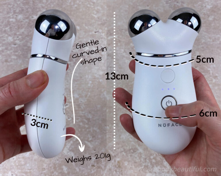 The Trinity+ device shape gently curves inwards towards the electrodes and the corners are rounded. It’s 13cm tall with the electrodes attached, and 9cm without. The handle and electrodes are both 6cm at their widest, with the neck tapering into 5cm. And it’s heavier than I expect, weighing 201g (with the facial trainer attached) and feels balanced and very good to hold indeed.