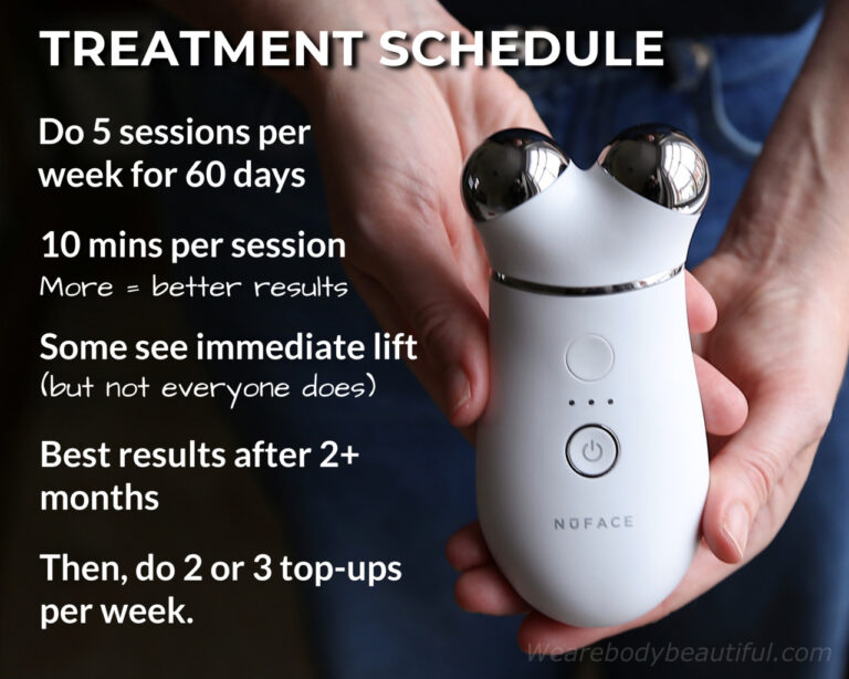 The Trinity+ treatment schedule; Do 5 sessions per week for 60 days. Each session takes a minimum of 10 minutes to complete the 5-Minute Facial-Lift. If you have the time, do the longer routines, or layer several routines to get your best and fastest results. Some people see an immediate and visible skin lifting and contouring effect. But it’s after 2 months of consistent use you’ll see your best results. Keep going for further improvement or switch to less regular top-ups 2 or 3 times per week to maintain your results.