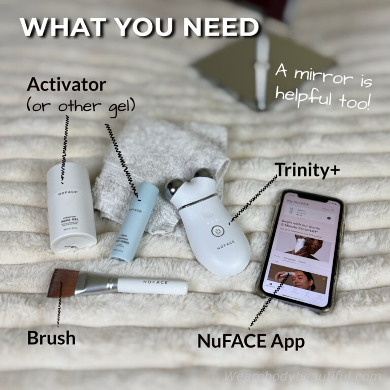 Here’s what you need for your Trinity+ microcurrent sessions: Your Trinity+, an Activator (or any other conductive gel you like to use), the brush to keep your fingers clean, your connected app, and a mirror is helpful too when you’re just learning the routines.