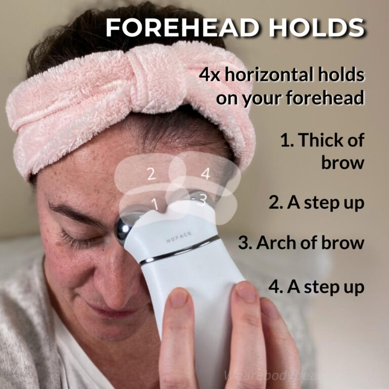 FOREHEAD LIFT & HOLDS: Do the lift and hold moves on your forehead. There are 4x horizontal holds. 1. The first is above the thick of your brow. 2. The second a step above that. 3. Then above the arch of your brow. 4. And then a step above that. You can hold for 2 beeps if you like!
