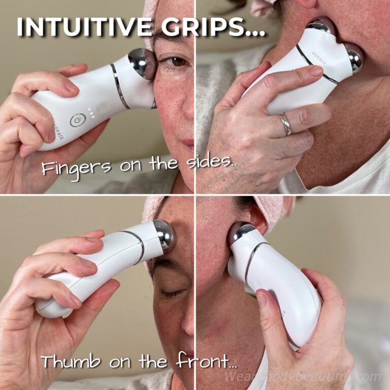 The Trinity+ microcurrent device is intuitive to hold and manoeuvre around your face in different grips while resting in your palm. You can hold it with your fingers on the sides or on the back with your thumb resting on the front.