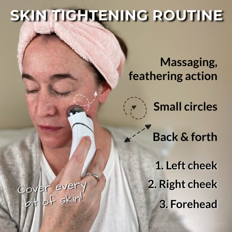 The Skin Tightening Facial Routine is a gentle feathering over your cheeks and forehead. Do small circles or a back-and-forth motion. Start with your left cheek for 2 minutes, then your right, then your forehead for 1 minute. Cover every bit of skin in the section. NuFACE recommends you do this routine as the last step, layered over another routine.