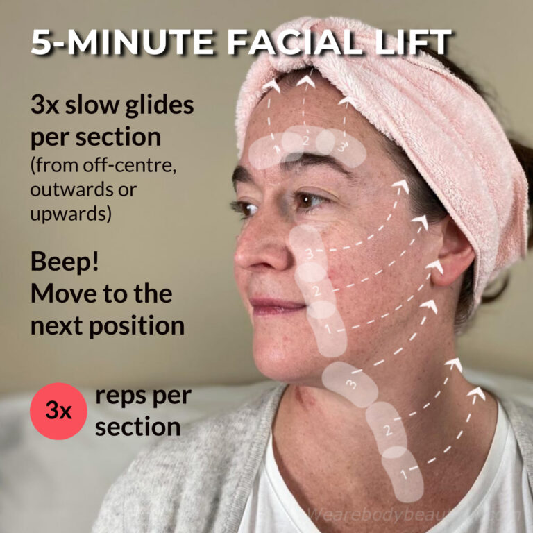 5-MINUTE FACIAL-LIFT is only the gliding moves from the full routine. Do slow glides from 3 starting positions in each section. Start from off-centre and glide outwards or upwards. Move to the next position when you hear the beep. Do 3 reps per section. 