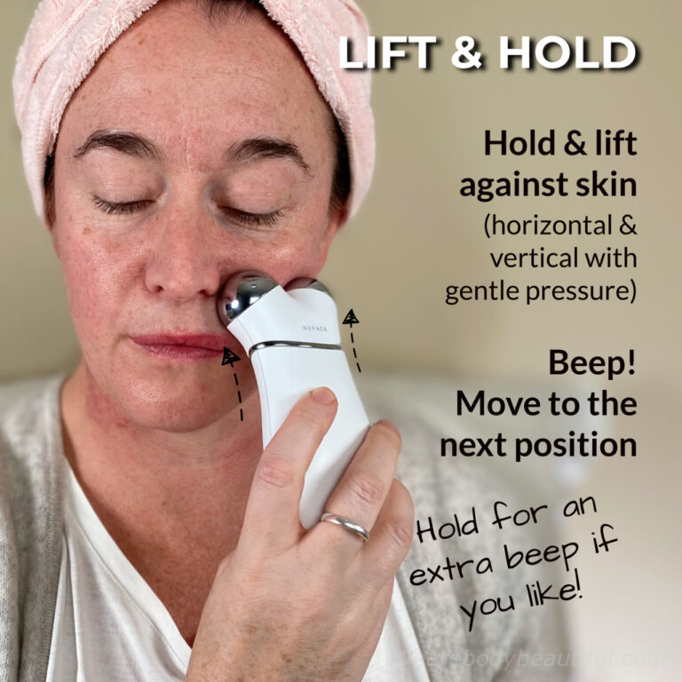 Place both the spheres against your skin and gently lift against the skin. Hold the device vertically or horizontally depending on the location. The beeps come every 5 seconds and tell you when to move to the next position. There are several hold positions in each section. Do one hold rep per section.