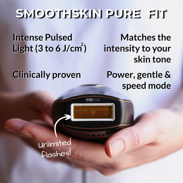 The Smoothskin Pure Fit is an at-home Intense Pulsed Light device. It uses powerful light energy which damages your hair follicles with heat. The IPL intensity range is powerful from 3 to 6 J/cm2 and you get unlimited flashes from the IPL bulb. It also matches and selects the best IPL intensity for your skin tone, and has power, gentle and speed mode too. The device is clinically proven safe and effective.