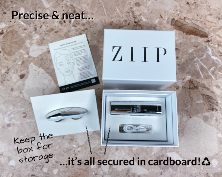The ZIIP HALO kit is neatly and securely packed under the lid. First is the HALO device, then the Electric complex Gel and charging cable, all secured in white cardboard moulded beds. There’s a scrap of tape and cable tie that aren’t recyclable. 