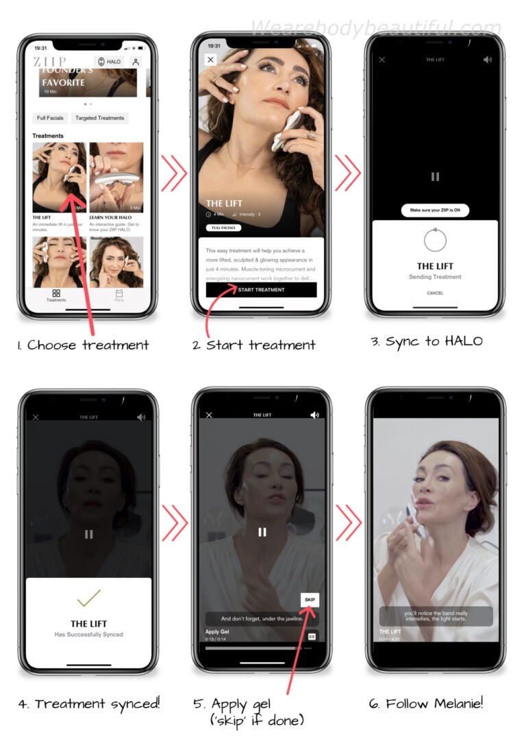 A sequence of screens from the ZIIP app, showing how to sync and start a ZIIP Halo routine. 1) Choose your treatment from the list, 2) Tap ‘START TREATMENT, 3) The app syncs the treatment to your HALO, 4) It tells you when it’s successfully synced, 5) The video starts, beginning with applying your gel. You can ‘SKIP’ this if your gel is already on, 6) Follow Melanie as she ZIIPs along to the routine, showing you the technique.