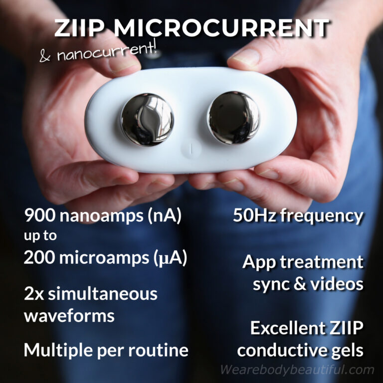 The ZIIP HALO range is 900 nanoamps to 200 micro amps, at a frequency of 50Hz. It is a dual waveform (or biphasic) device, which means it can deliver two waveforms at one time. And it also changes the waveform during your routine. This means more precise energy for different facial areas and concerns. You select the routines using the app, and use the ZIIP conductive gels. I think they’re rather good. Learn why in the rest of my ZIIP HALO review.