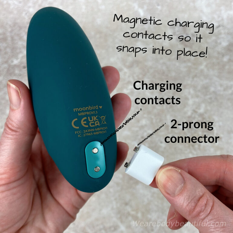 The Moonbird’s 2-prong charging cable snaps into place on the magnetic charging contacts and it difficult to dislodge.