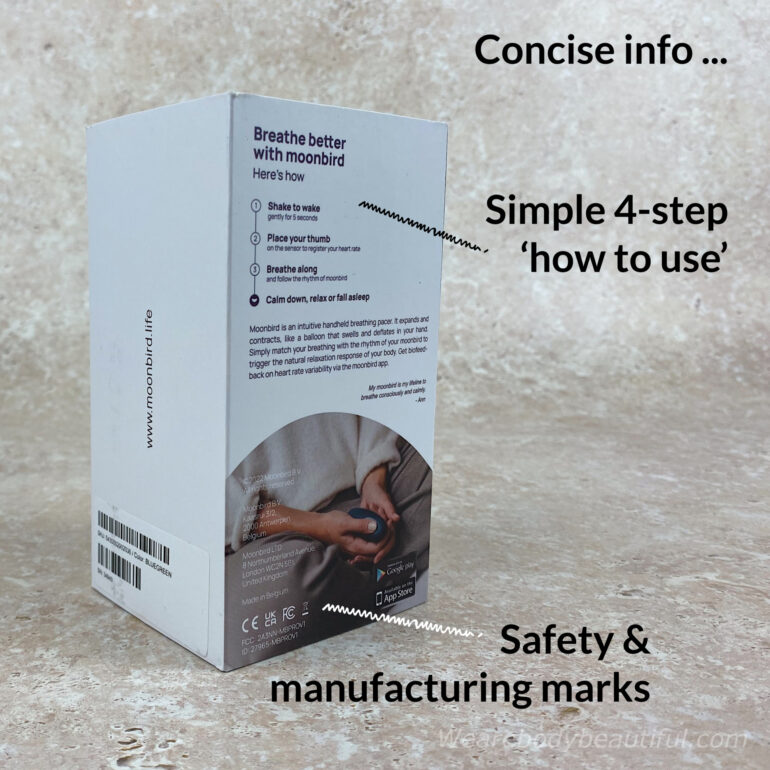 There’s a quick 4-step ‘How to use’ Moonbird on the box back with an overview of what it does. And a simple list of features on one side.