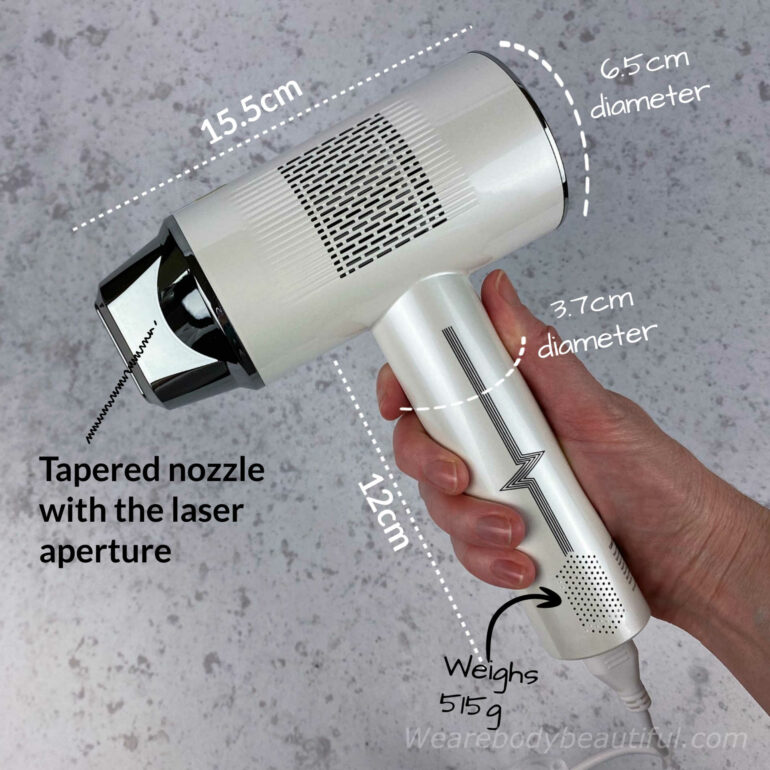 A photo of the CB laser with dimensions annoted on top. The rounded handle has a diameter of 3.7cm and is 12cm long, whereas the cylindrical body has a larger diameter of 6.5cm and is 15.5cm long. The laser aperture is at the end of a tapered nozzle. It weighs 515 grams.