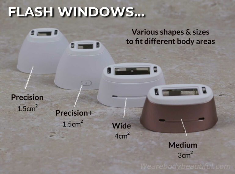 The 4 flash windows are various shapes and sizes to fit different body areas. Medium (3cm squared), Wide (4cm squared), Precision+ (1.5cm squared), Precision (1.5cm squared).