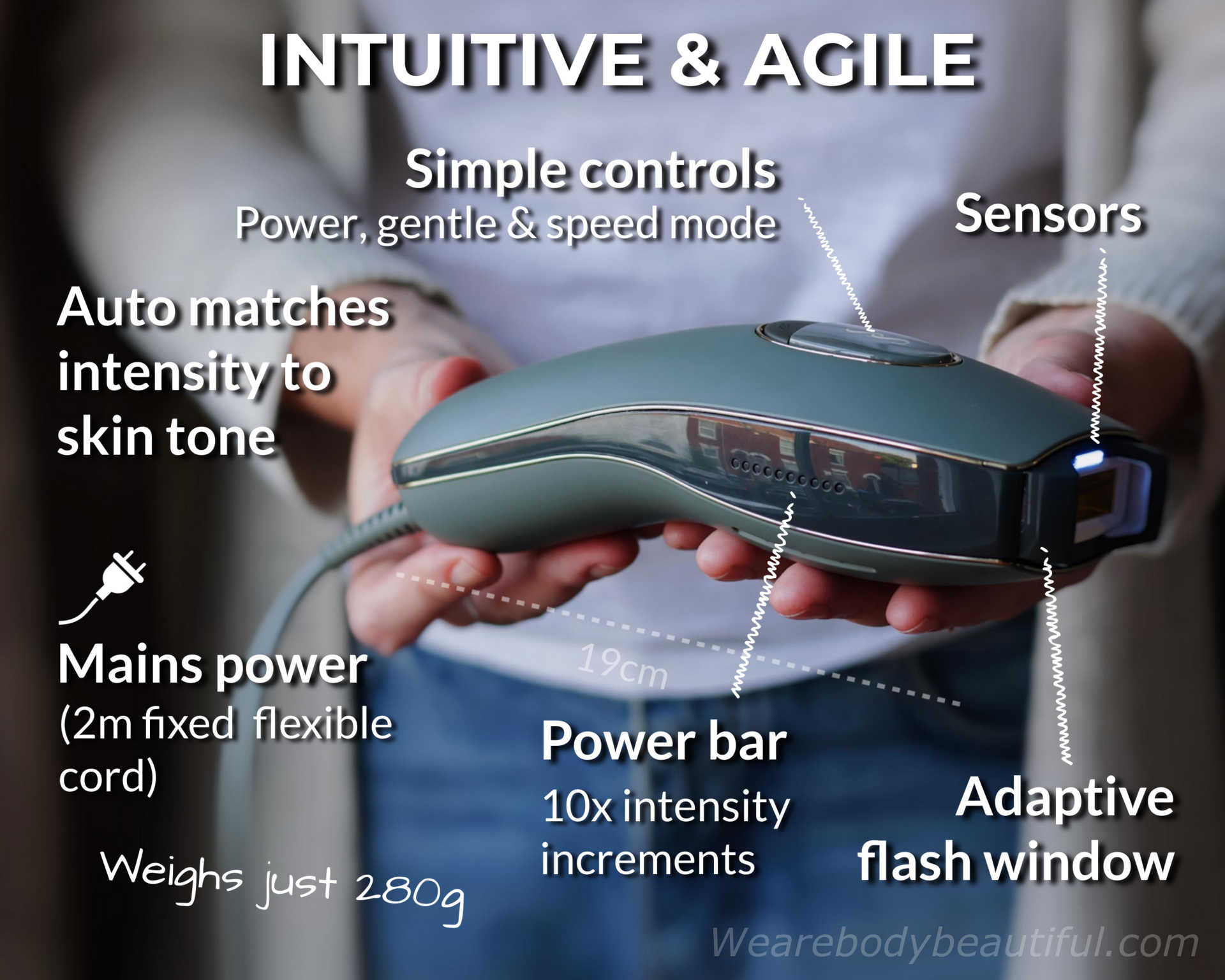 The SmoothSkin Pure Adapt is intuitive and agile at 19cm long and weighing just 280 grams. It runs on mains power with a 2-metre fixed and flexible power cord. Simple controls offer power, gentle and speed modes, with 10x intensity increments on the power bars which the sensors auto-match to your skin tone. And the unique adaptive flash window, too.