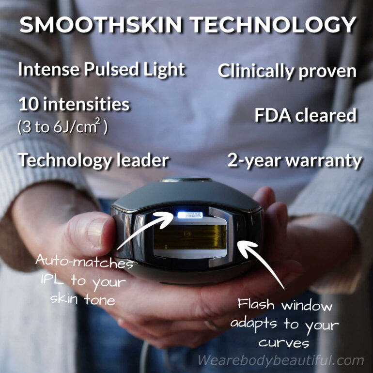 The SmoothSkin IPL technology is Intense Pulsed Light with 10 intensities over a fluence of 3 to 6 J/cm2. It’s clinically proven, FDA cleared with a 2 year warranty from a trusted technology leader in IPL. It stands out because the multi-use flash window adapts to your curves and it auto-matches the IPL power to your skin tone.