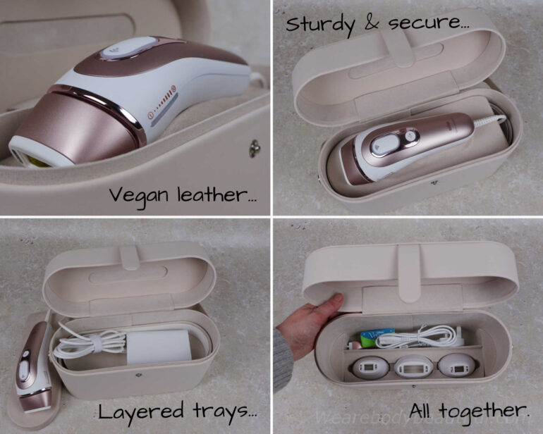 The Braun Pro 7 premium vanity case is made of sturdy vegan leather which keeps the kit all together, secured in layered trays.