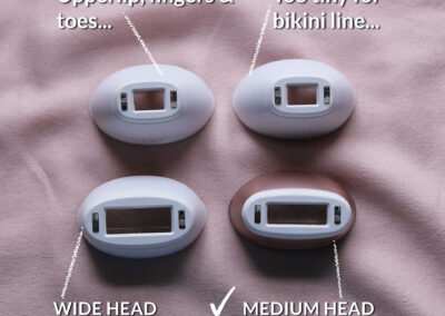 The 4x Pro 7 IPL heads: the medium head is easy and accurate (and essential), the wide head is no faster than the medium, one precision head is handy for your upperlip, jaw, fingers and toes, but the second precision head is too tiny for your bikini area.