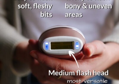 The medium flash head on the Pro 7 IPL is the most versatile all around your body. It’s easy to flash soft, fleshy bits, but tricky on bony and uneven areas.