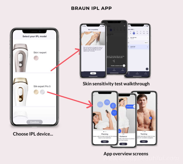 Download the app and select your Braun Pro device. The screen flow differs for the Pro 7, which first walks through your skin sensitivity test. The Pro 5 version shows you a slideshow of what you can do in the app.
