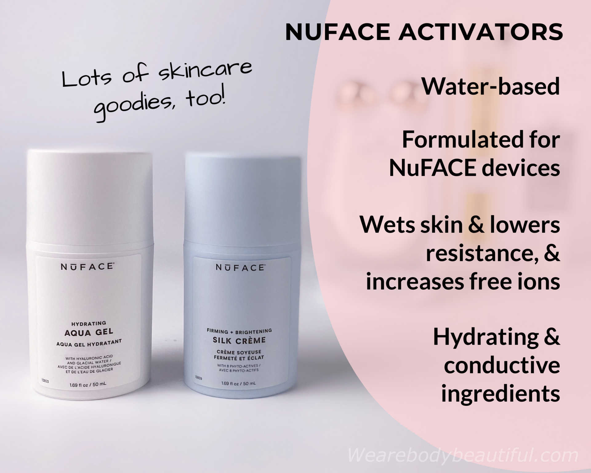 Two small 50ml pots of NuFACE activators which are water-based and formulated for NuFACE microcurrent devices. They wet your skin and lower the resistance, with added conductive ions and electrolytes to boost conductivity. They have hydrating and conductive ingredients, with lots of skincare goodies, too!