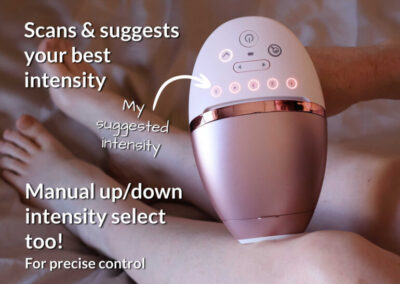 The Lumea 9000 Series has an optional SmartSkin tool to scan your skin and suggest the best match intensity for you (as shown here by indicating level 5 on my pasty white leg!) But it also has manual up/down intensity controls too, for precise control.