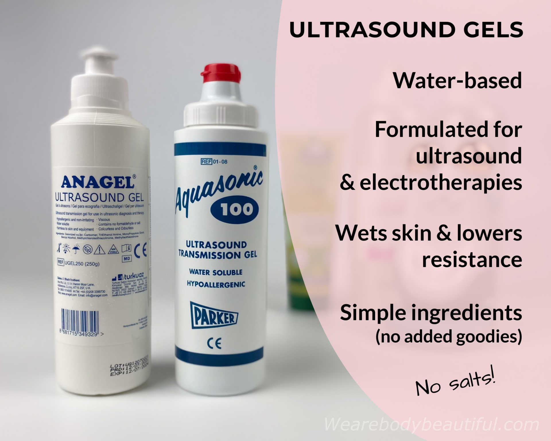 Ultrasound gels are water-based, formulated for ultrasound & electrotherapies, they wet your skin so lower the electrical resistance, have simple ingredients ( with no goodies and no salts. 