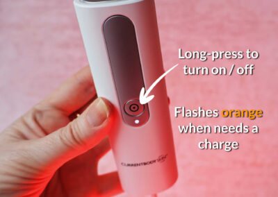 To turn the mask on and off, long press the button. The indicator flashes orange when it needs a charge.