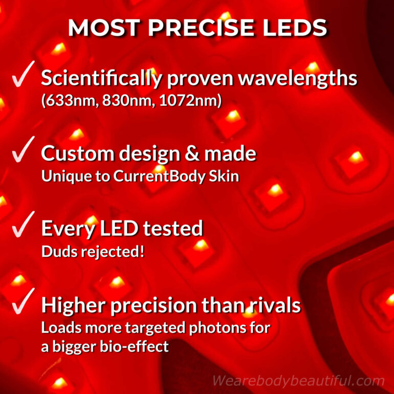 The CurrentBody Skin Series 2 mask has scientifically proven wavelengths (633nm, 830nm, 1072nm). the LEDs are custom design & made so unique to CurrentBody Skin. Every LED is tested (and the duds rejected!), The LEDs are higher precision than rivals, which means loads more targeted photons for a bigger bio-effect.
